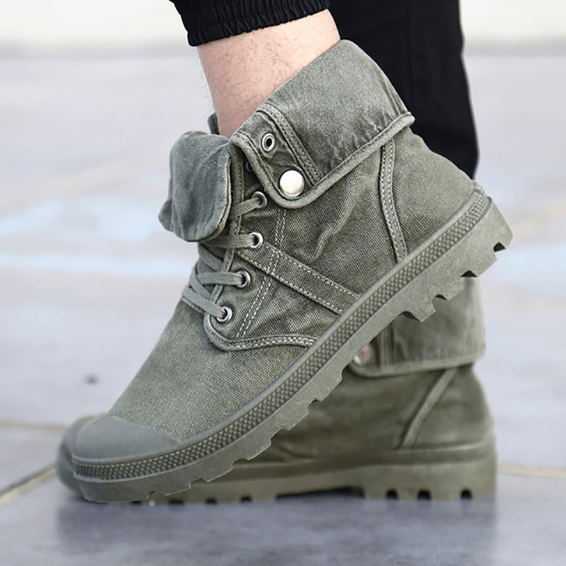 Men's Casual Hiking Breathable Ankle Boots SF0971 with green canvas upper, durable outsole, and comfort-enhancing insoles.